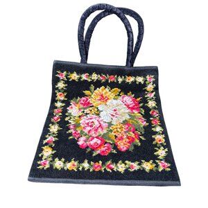 Feiler Germany Black Velvet Floral Tapestry Latch & Hook Black Velvet Tote Bag